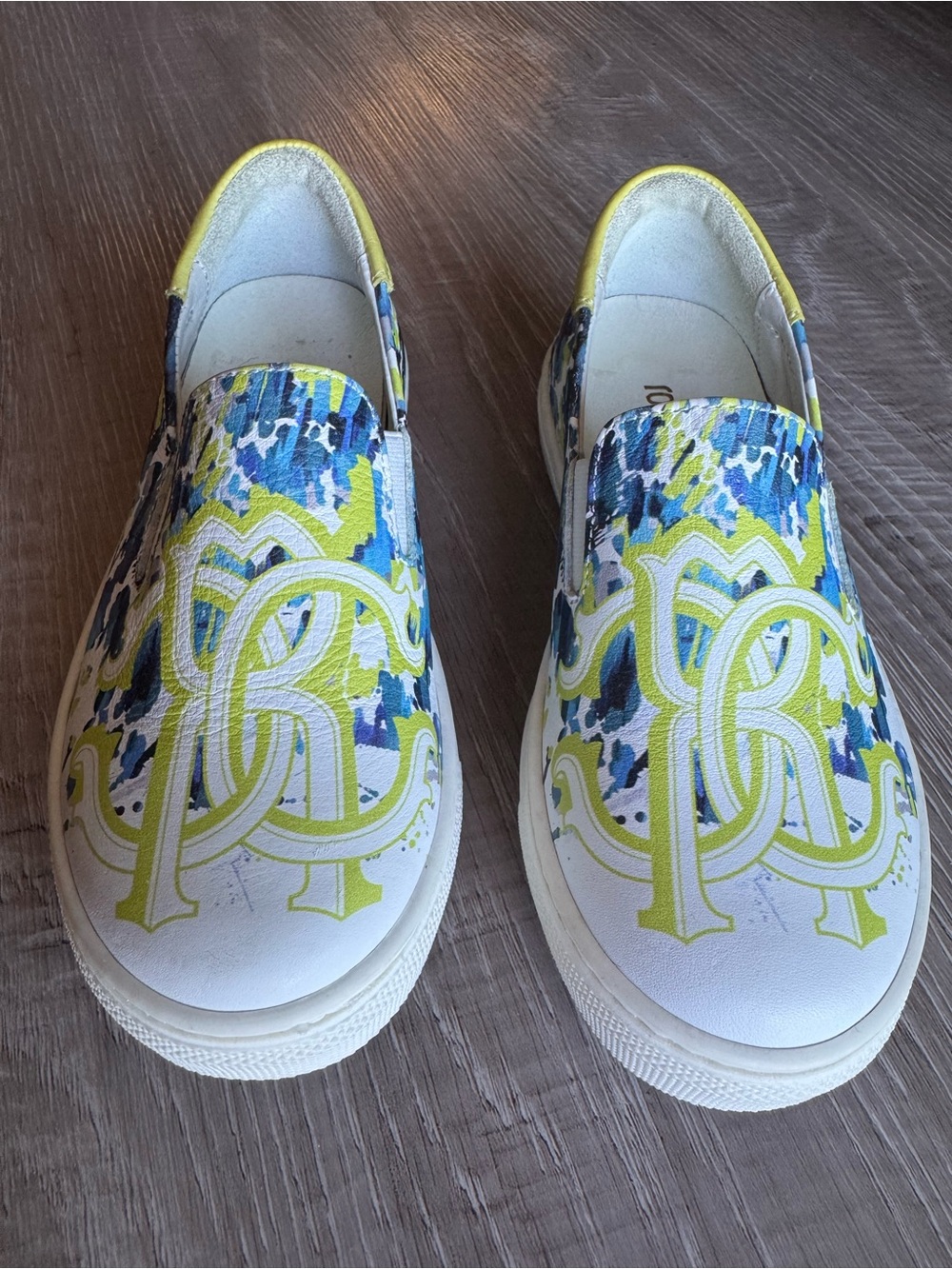 Slip-On Sneakers with Blue, Yellow & White Abstract Print